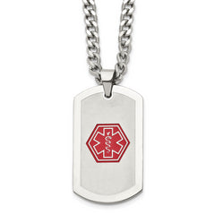 Chisel Stainless Steel Brushed and Polished with Red Enamel Medical ID Dog Tag on a 30 inch Curb Chain Necklace