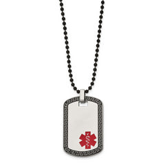 Chisel Stainless Steel Antiqued and Polished Greek Key Edge with Red Enamel Medical ID Dog Tag on a 30 inch Black IP-plated Ball Chain Necklace