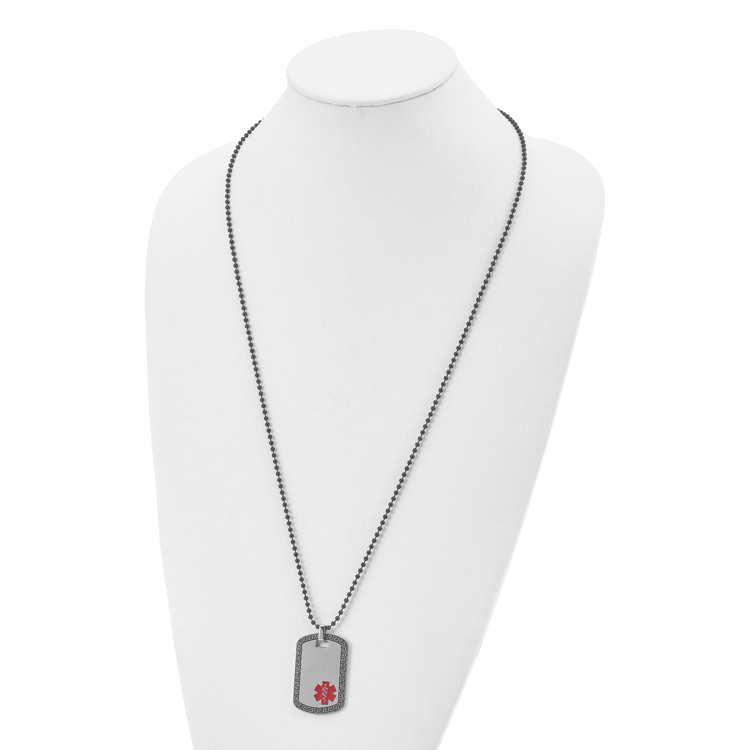 Chisel Stainless Steel Antiqued and Polished Greek Key Edge with Red Enamel Medical ID Dog Tag on a 30 inch Black IP-plated Ball Chain Necklace