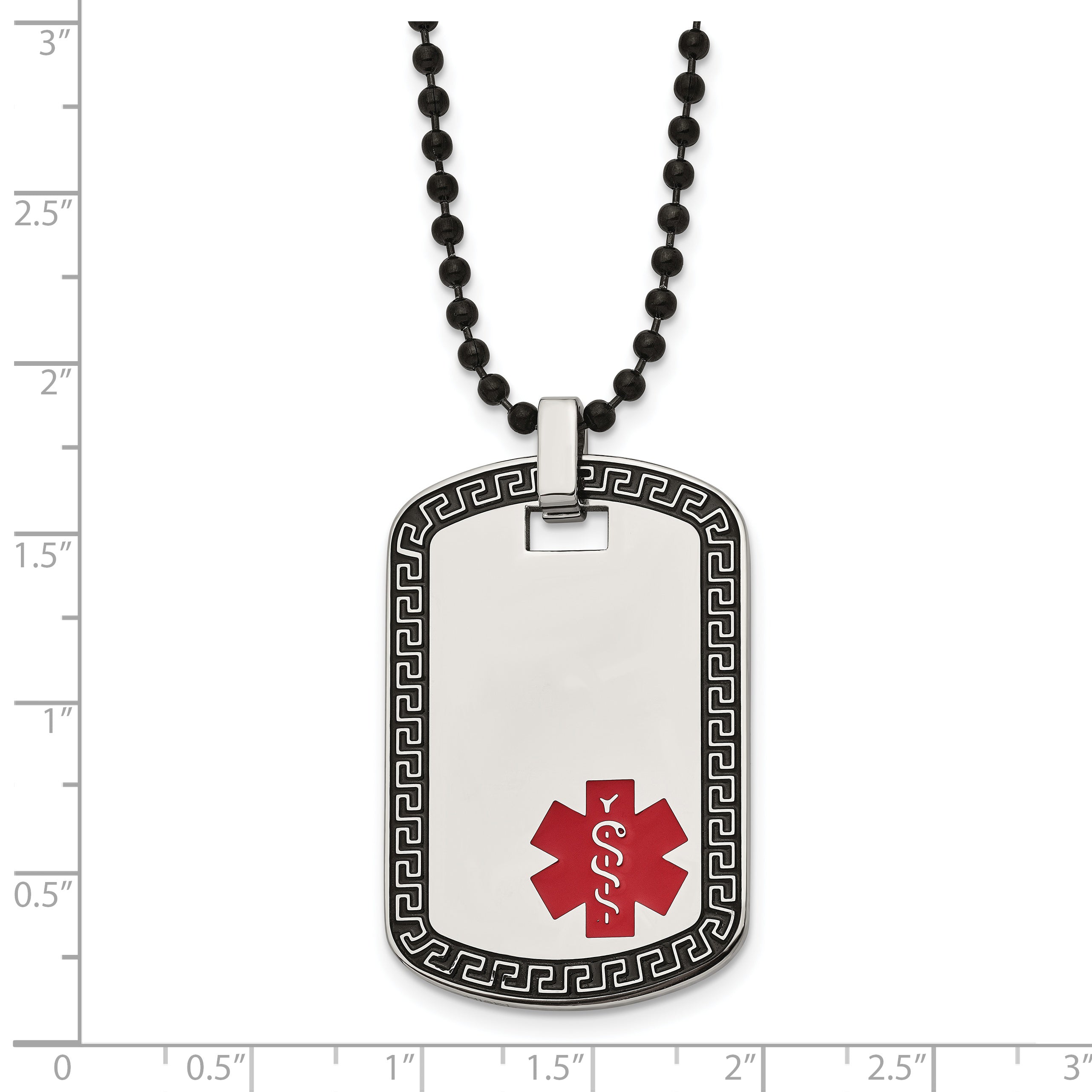 Chisel Stainless Steel Antiqued and Polished Greek Key Edge with Red Enamel Medical ID Dog Tag on a 30 inch Black IP-plated Ball Chain Necklace