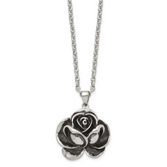 Chisel Stainless Steel Antiqued and Polished Flower Pendant on a 24 inch Cable Chain Necklace