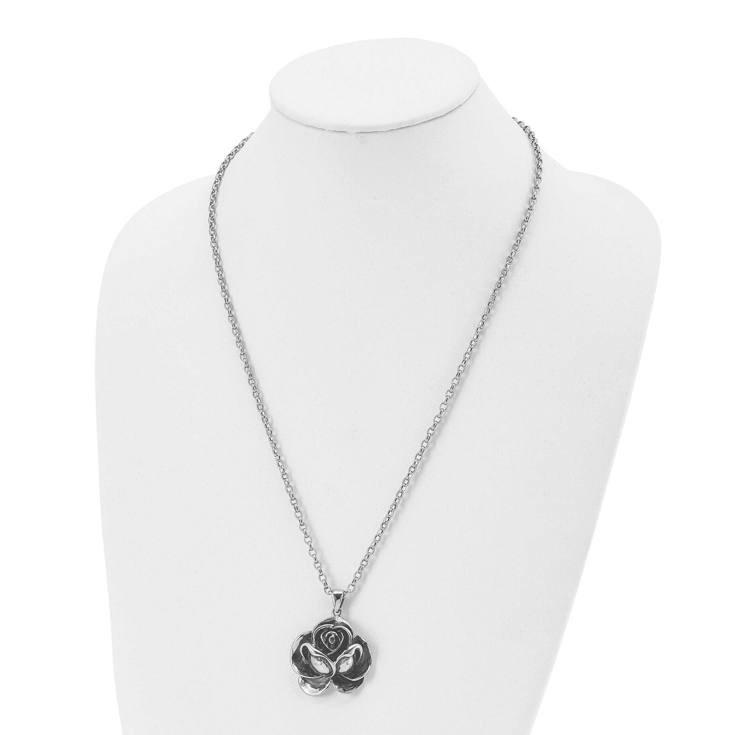 Chisel Stainless Steel Antiqued and Polished Flower Pendant on a 24 inch Cable Chain Necklace