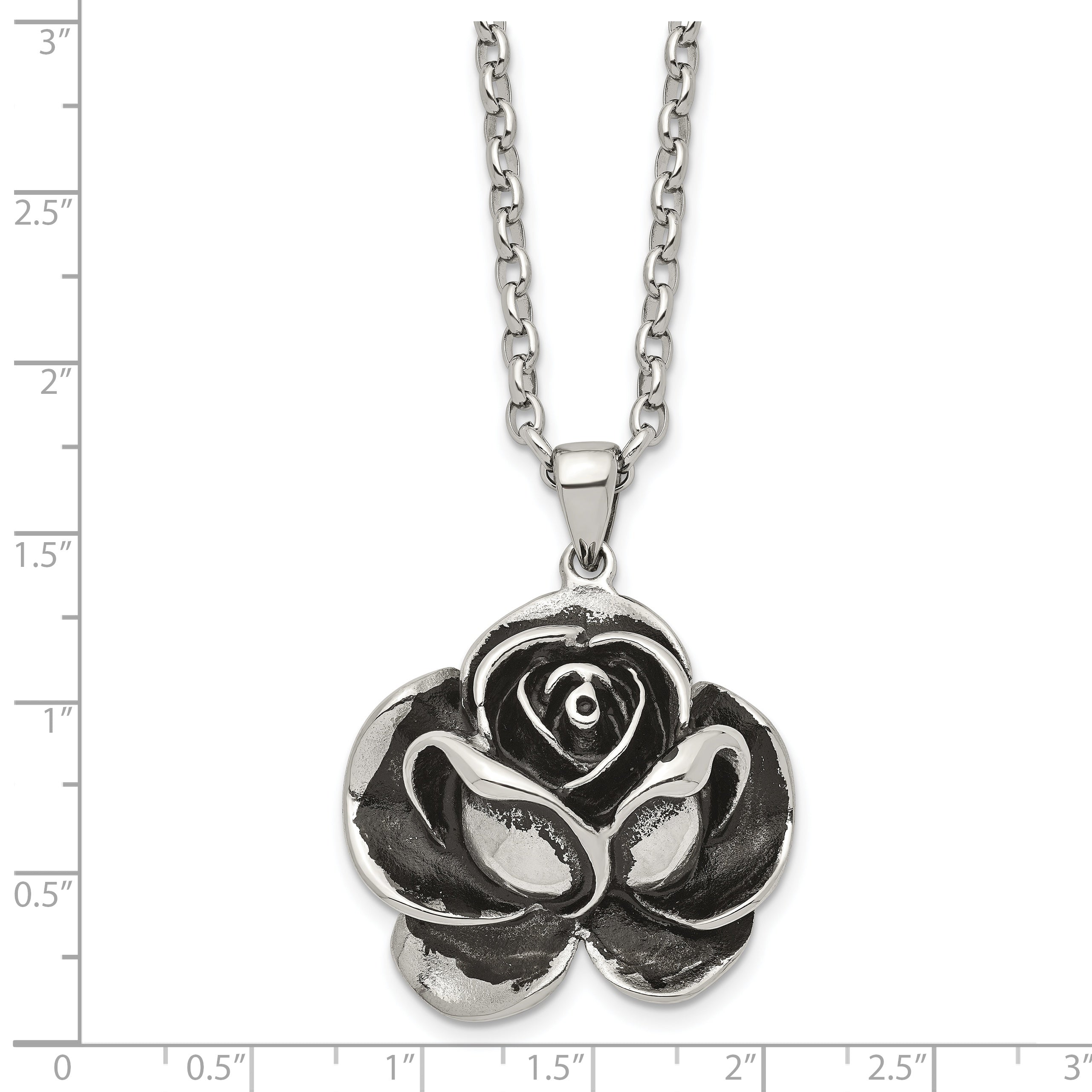 Chisel Stainless Steel Antiqued and Polished Flower Pendant on a 24 inch Cable Chain Necklace