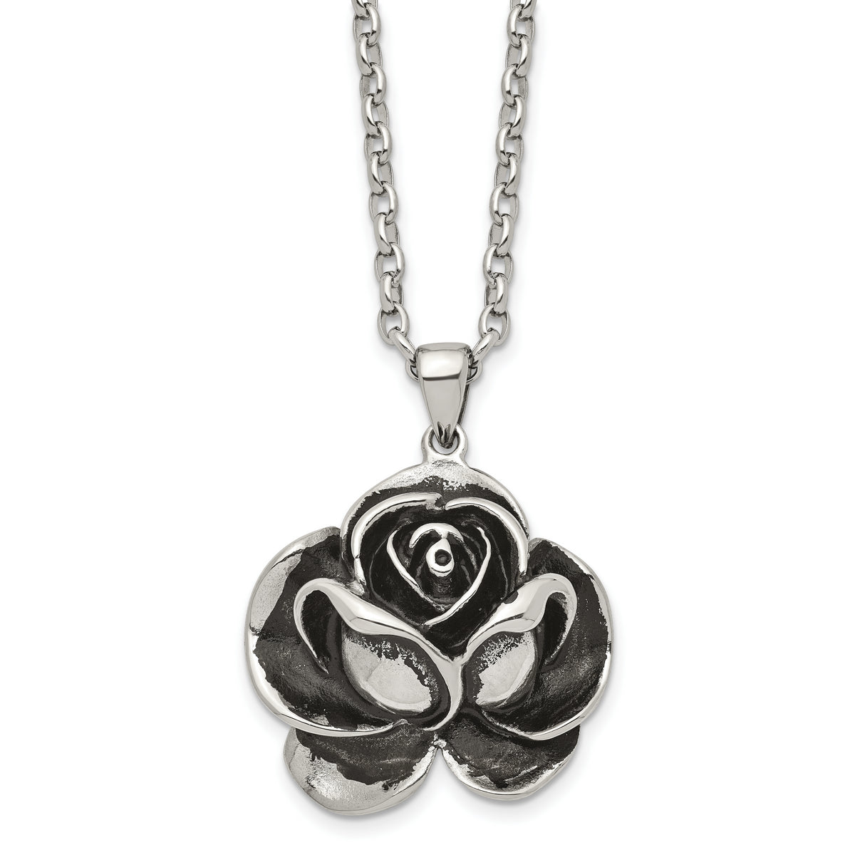 Chisel Stainless Steel Antiqued and Polished Flower Pendant on a 24 inch Cable Chain Necklace