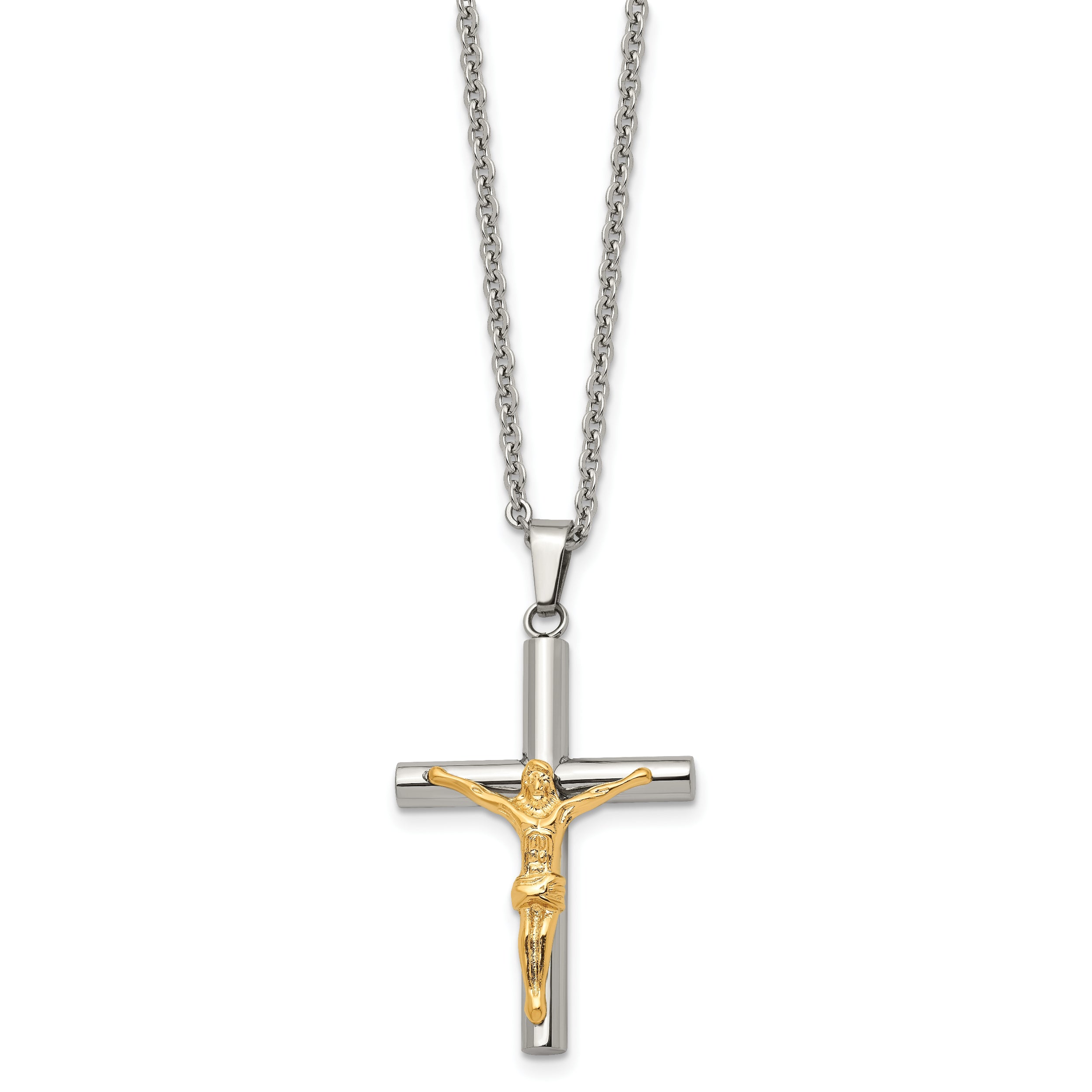 Chisel Stainless Steel Polished Yellow IP-plated Crucifix Pendant on a 20 inch Cable Chain Necklace