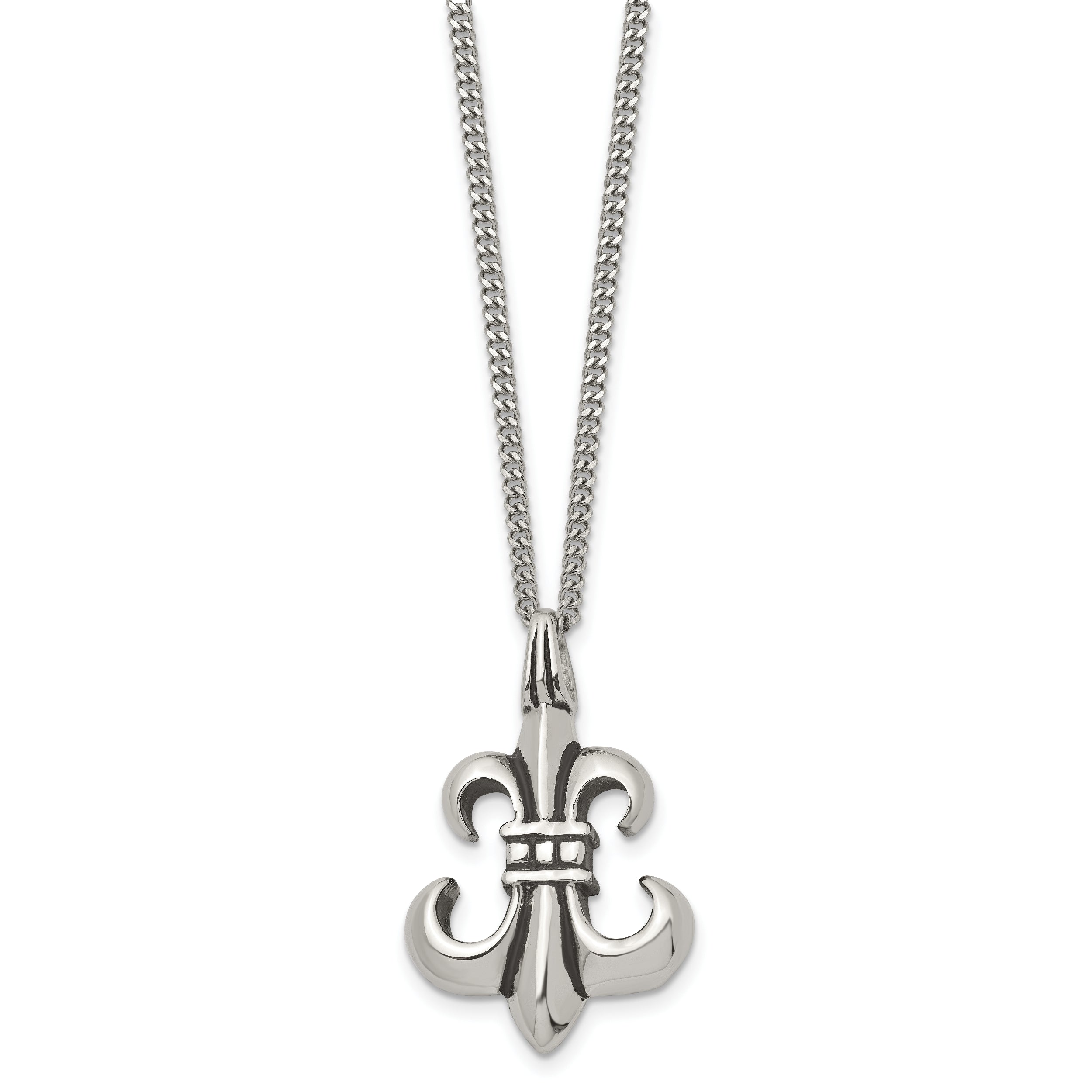 Stainless Steel Antiqued and Polished Fleur de lis 18in Necklace