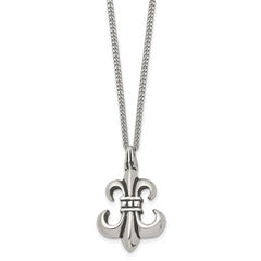 Stainless Steel Antiqued and Polished Fleur de lis 18in Necklace