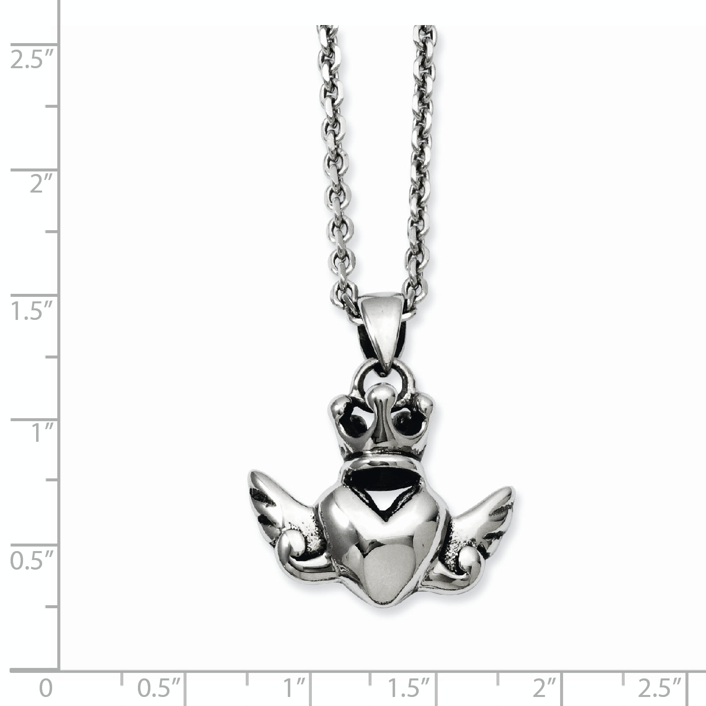 Stainless Steel Heart with Crown & Wings 20in w/ext Necklace