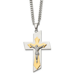 Chisel Stainless Steel Brushed and Polished Yellow IP-plated Crucifix on a 24 inch Curb Chain Necklace