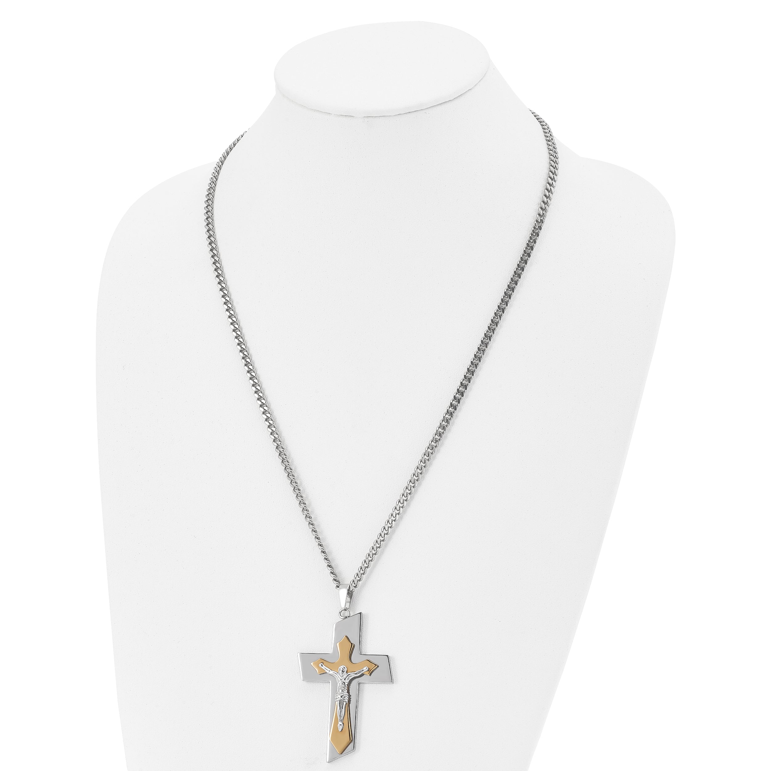 Chisel Stainless Steel Brushed and Polished Yellow IP-plated Crucifix on a 24 inch Curb Chain Necklace