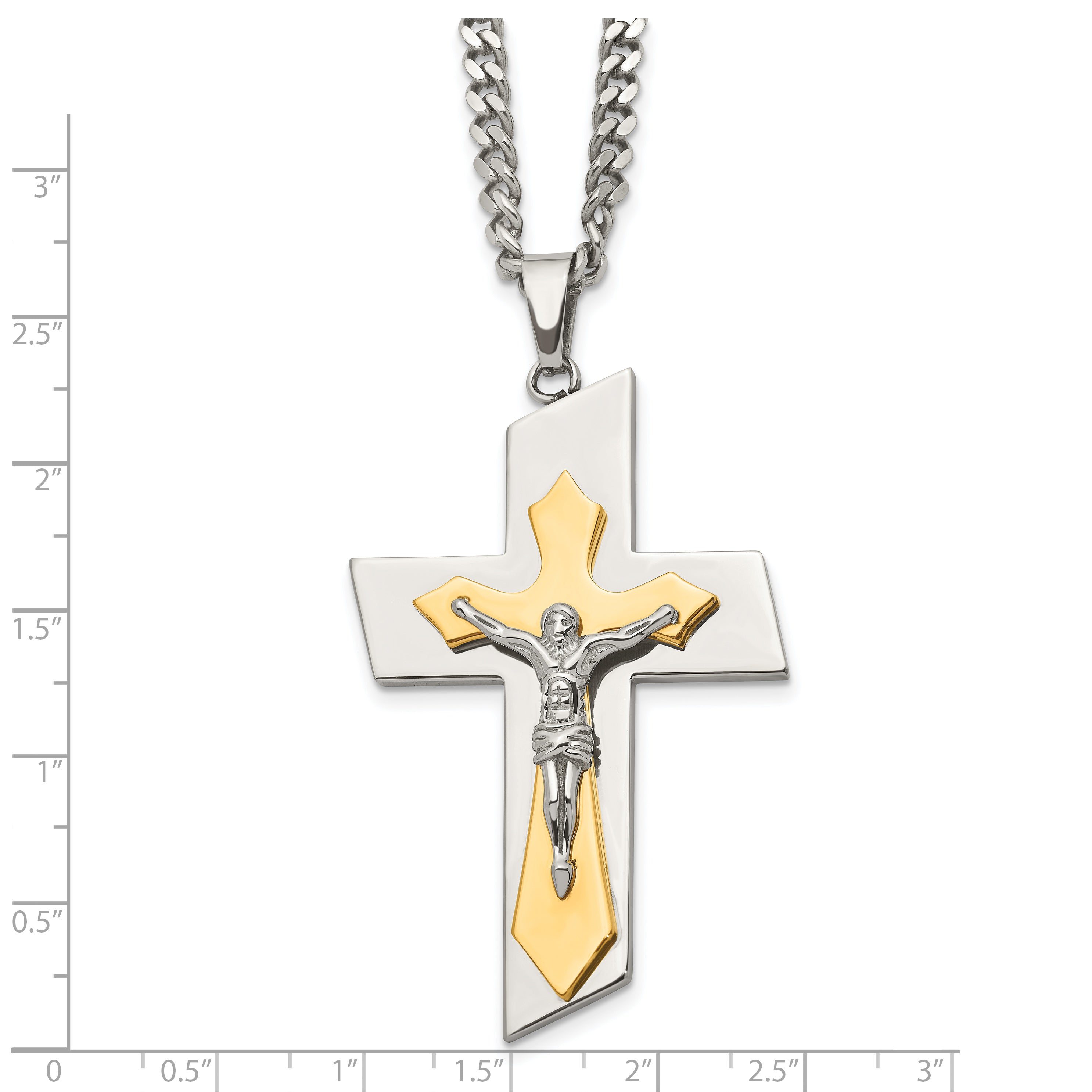 Chisel Stainless Steel Brushed and Polished Yellow IP-plated Crucifix on a 24 inch Curb Chain Necklace