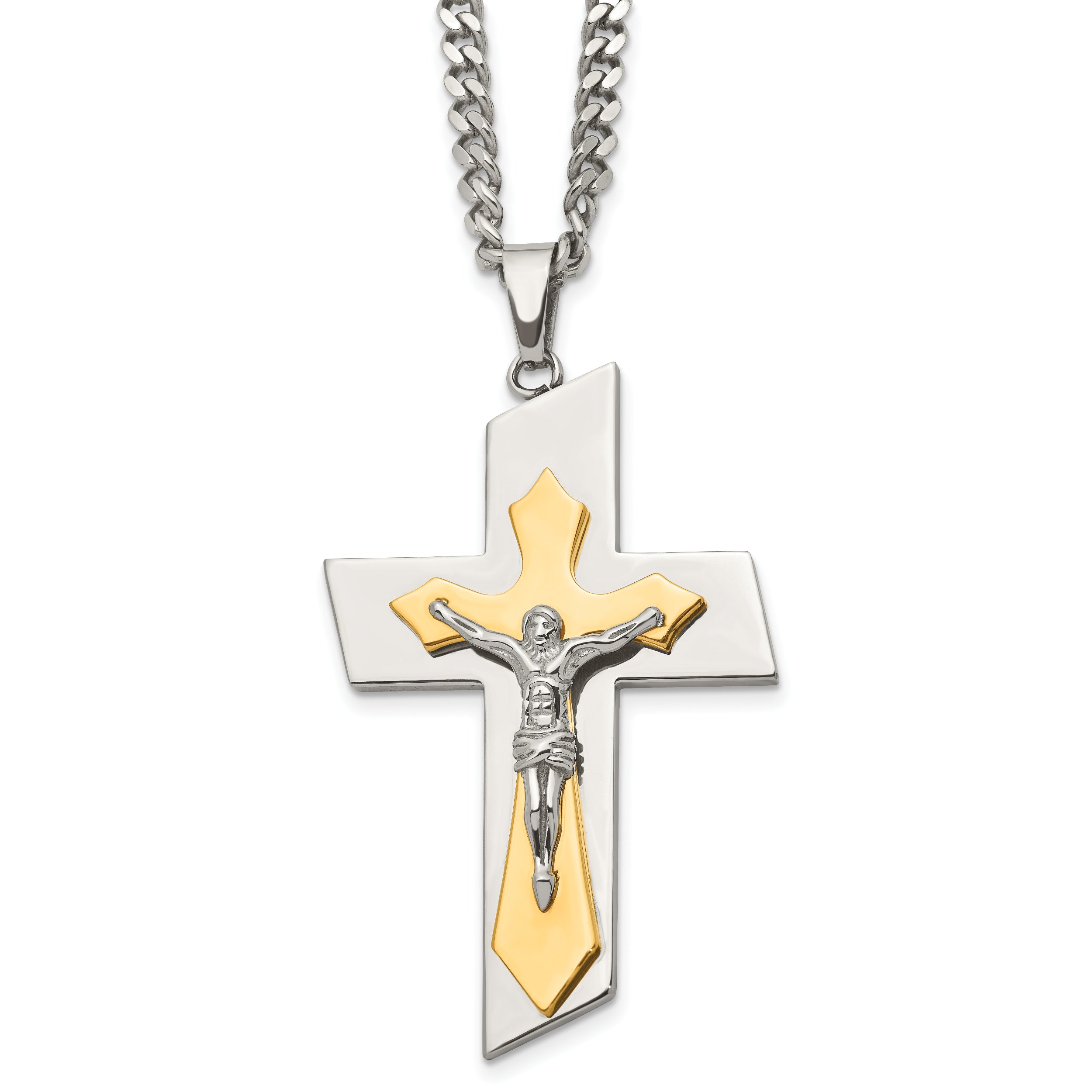 Chisel Stainless Steel Brushed and Polished Yellow IP-plated Crucifix on a 24 inch Curb Chain Necklace