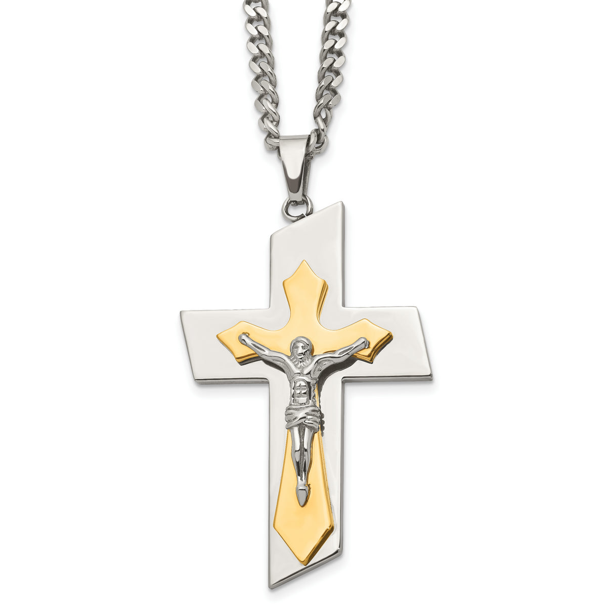 Chisel Stainless Steel Brushed and Polished Yellow IP-plated Crucifix on a 24 inch Curb Chain Necklace