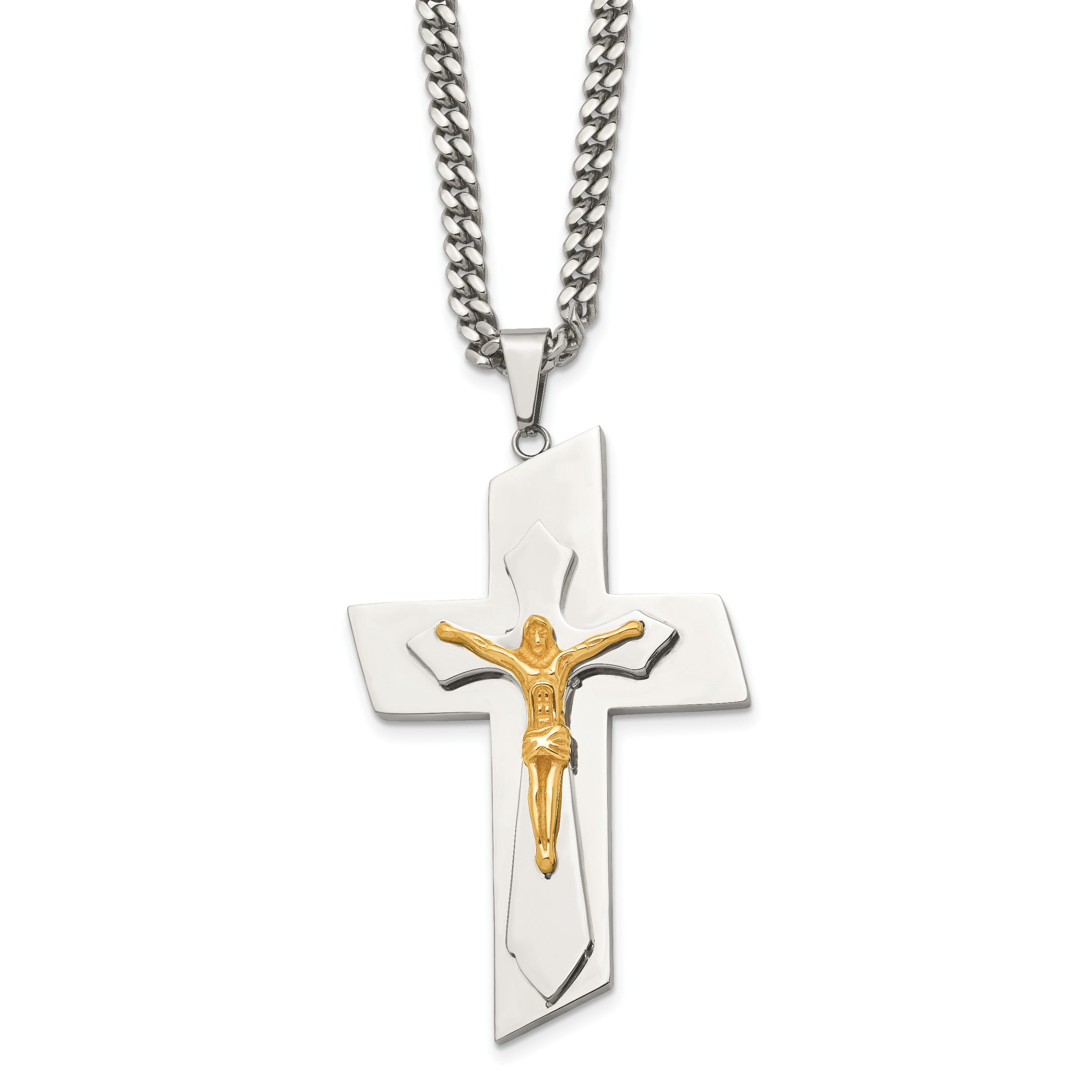 Stainless Steel Polished Yellow IP-plated Crucifix 24 inch Necklace