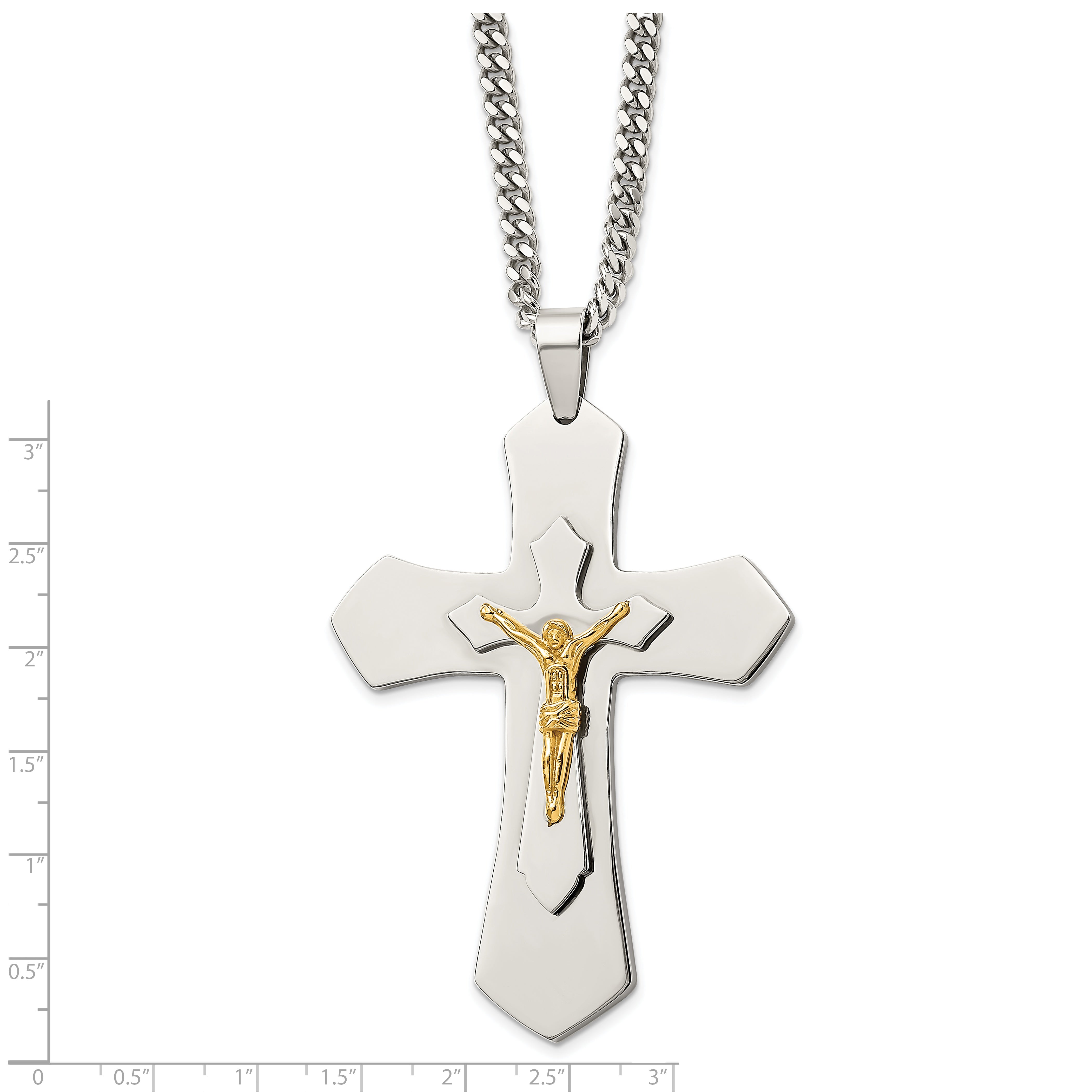 Chisel Stainless Steel Polished Yellow IP-plated Large Crucifix Pendant on a 24 inch Curb Chain Necklace