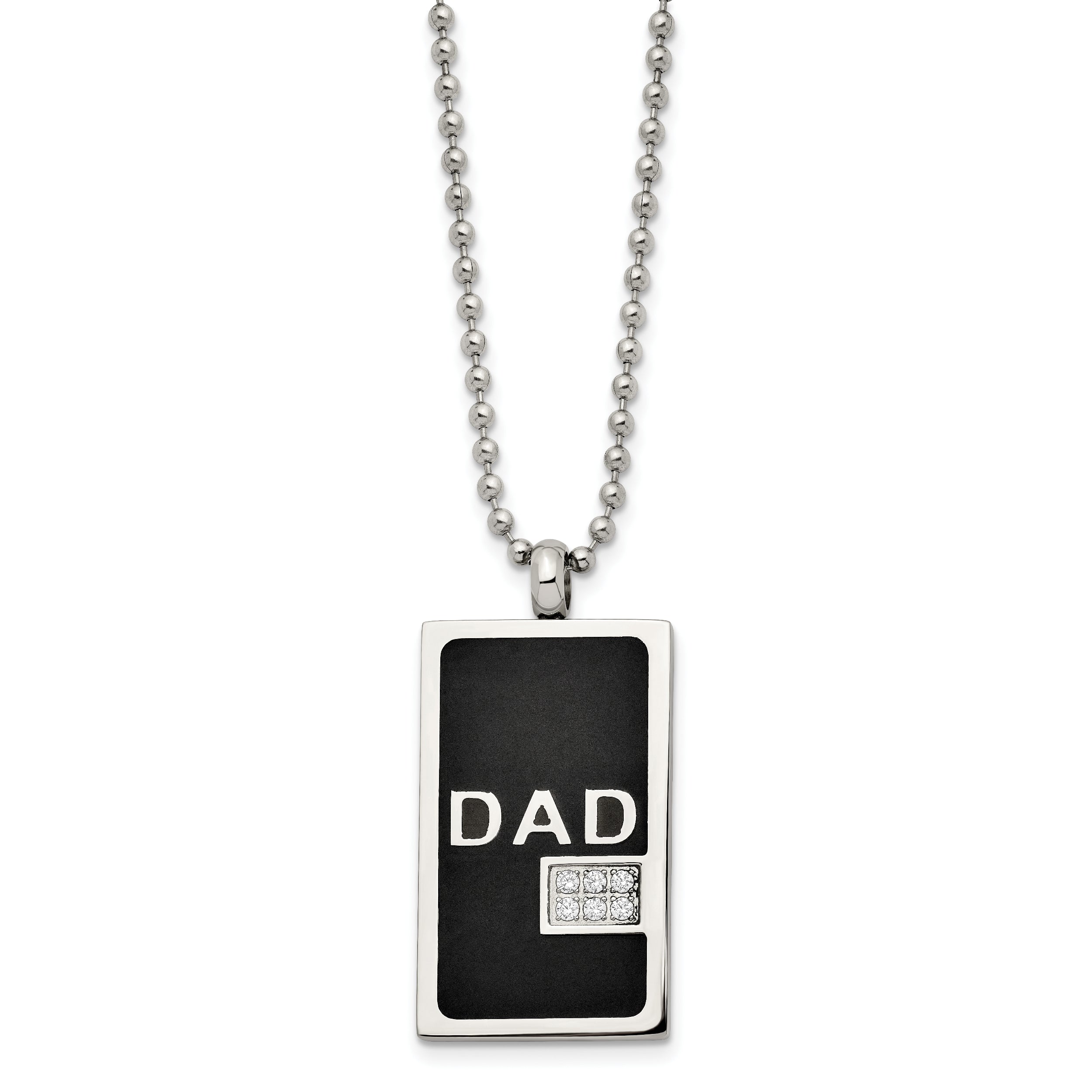 Chisel Stainless Steel Polished Black IP-plated with CZ DAD Dog Tag on a 24 inch Ball Chain Necklace