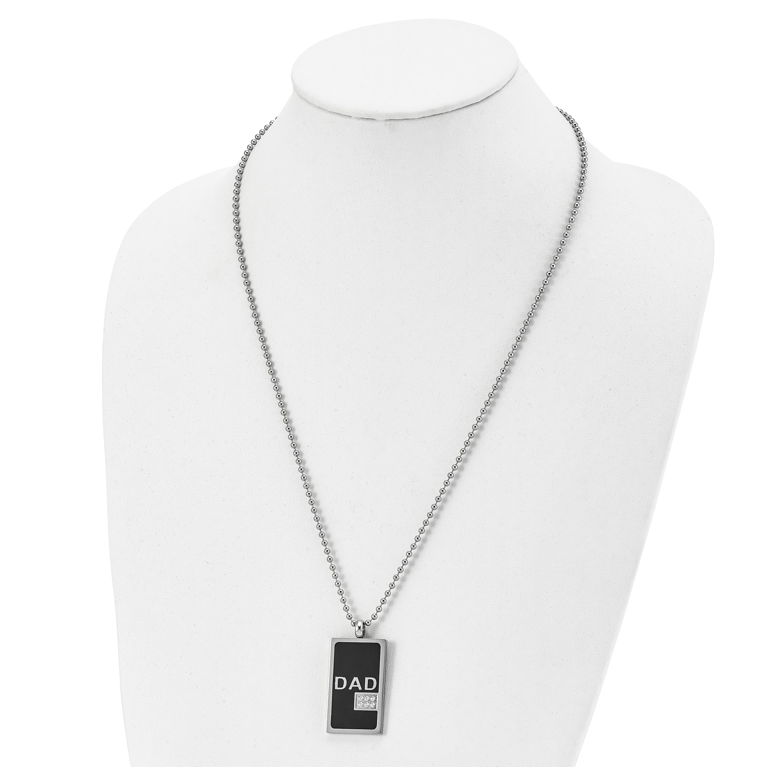 Chisel Stainless Steel Polished Black IP-plated with CZ DAD Dog Tag on a 24 inch Ball Chain Necklace