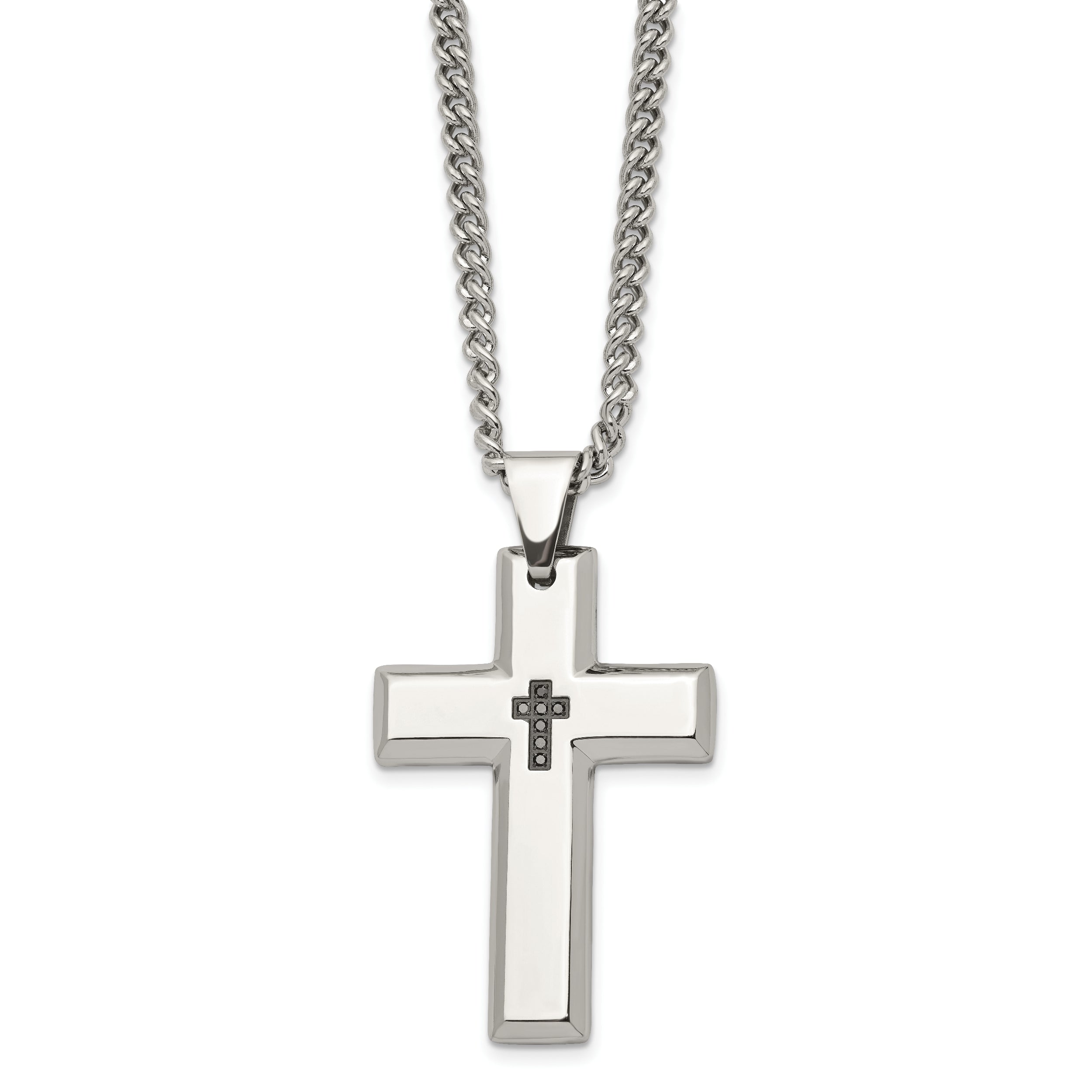 Chisel Stainless Steel Polished 1/10 carat Black Diamond Cross Pendant on a 22 inch Curb Chain Necklace