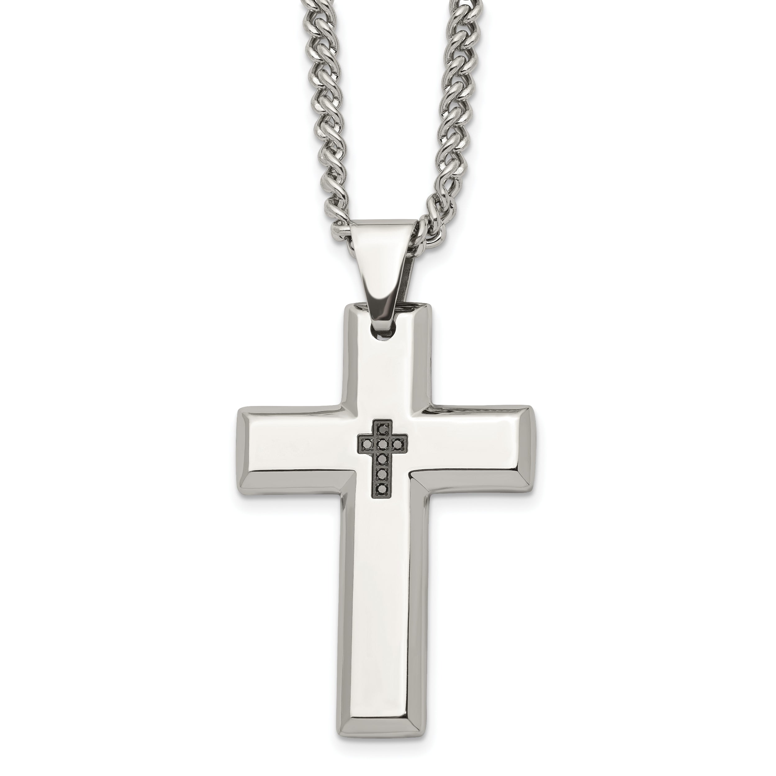 Chisel Stainless Steel Polished 1/10 carat Black Diamond Cross Pendant on a 22 inch Curb Chain Necklace