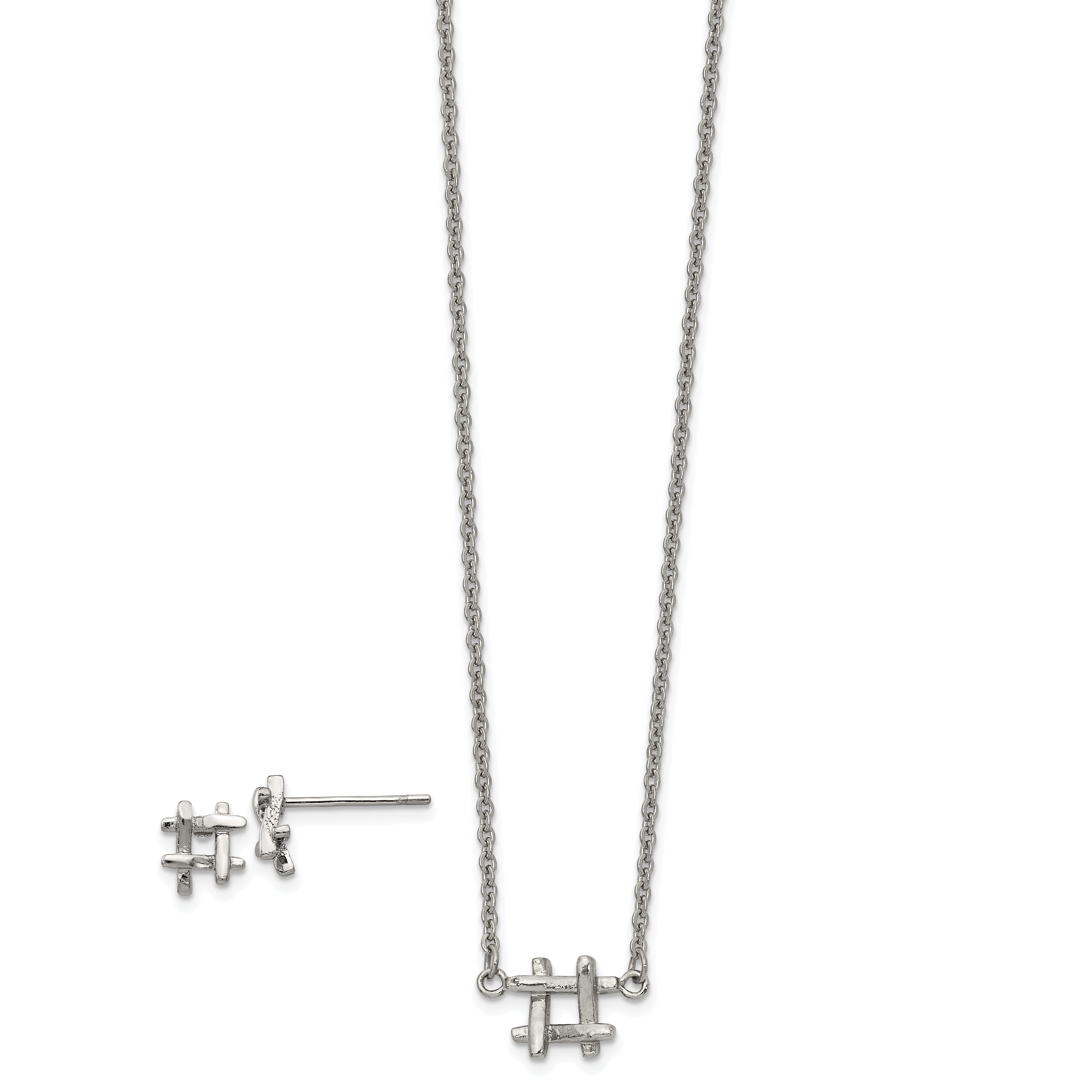 Stainless Steel Polished HashTag 16in w/2in ext. Necklace and Earring Set