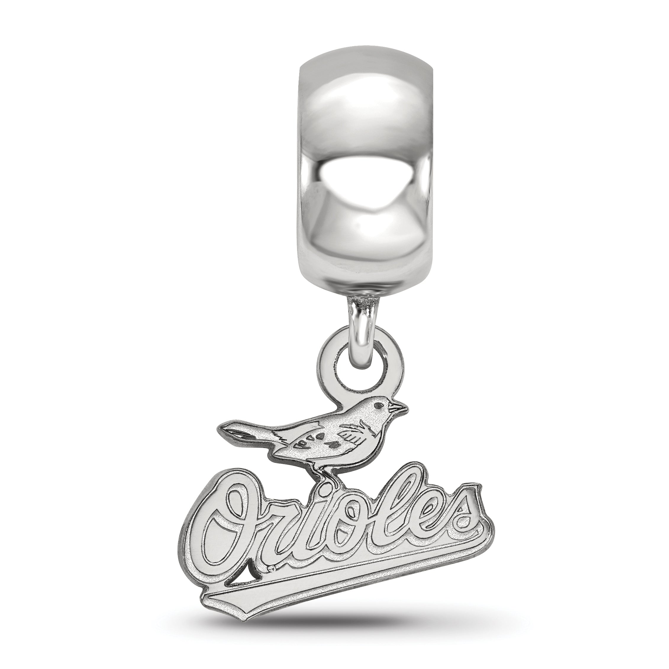 Sterling Silver Rhodium-plated MLB LogoArt Baltimore Orioles Script Extra Small Dangle Bead