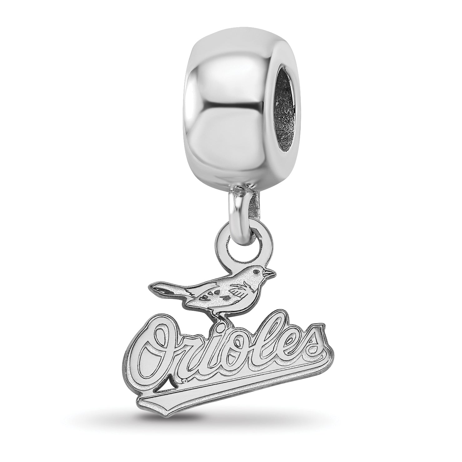 Sterling Silver Rhodium-plated MLB LogoArt Baltimore Orioles Script Extra Small Dangle Bead