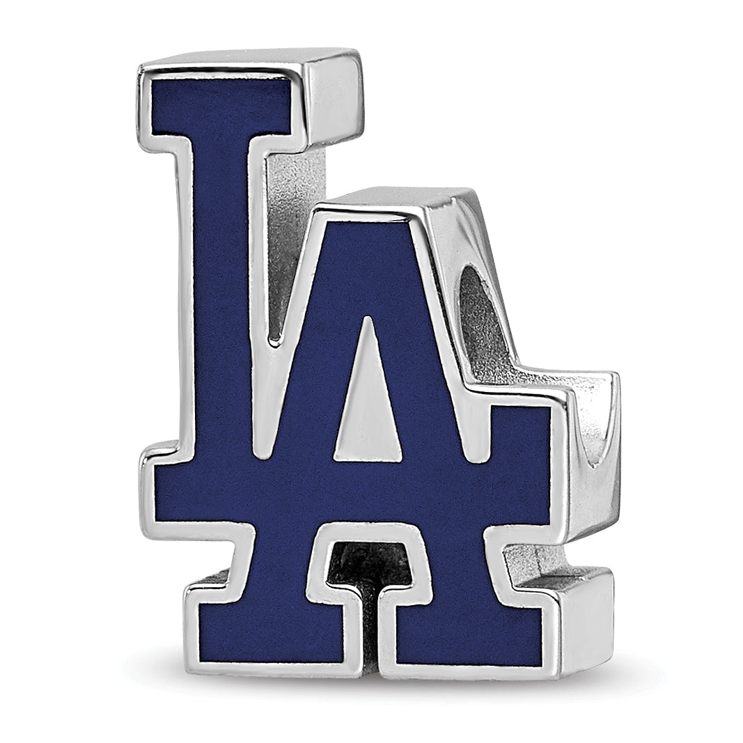 Sterling Silver Rhodium-plated MLB LogoArt Los Angeles Dodgers L-A Enameled Bead