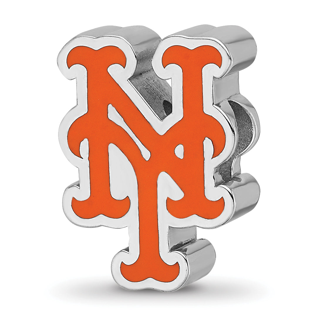 Sterling Silver Rhodium-plated MLB LogoArt New York Mets N-Y Enameled Bead