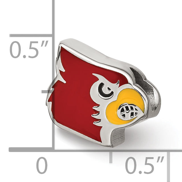 Sterling Silver Rhodium-plated LogoArt University of Louisville Cardinal Enameled Logo Bead