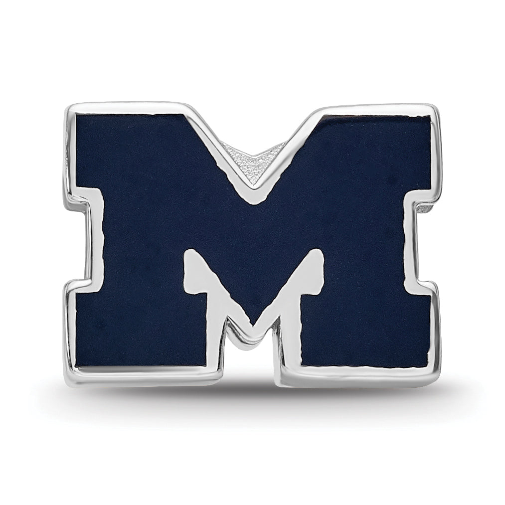 Sterling Silver Rhodium-plated LogoArt University of Michigan Letter M Blue Enameled 1-sided Bead