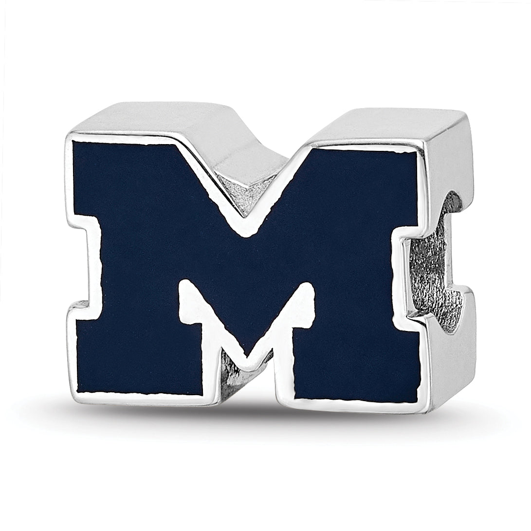 Sterling Silver Rhodium-plated LogoArt University of Michigan Letter M Blue Enameled 1-sided Bead