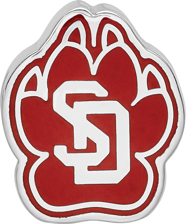 Sterling Silver Rhodium-plated LogoArt University of South Dakota S-D Pawprint Enameled Bead