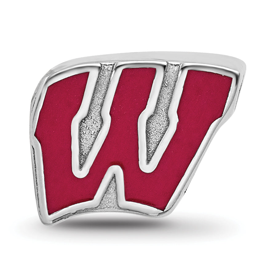 Sterling Silver Rhodium-plated LogoArt University of Wisconsin Letter W Enameled Logo Bead