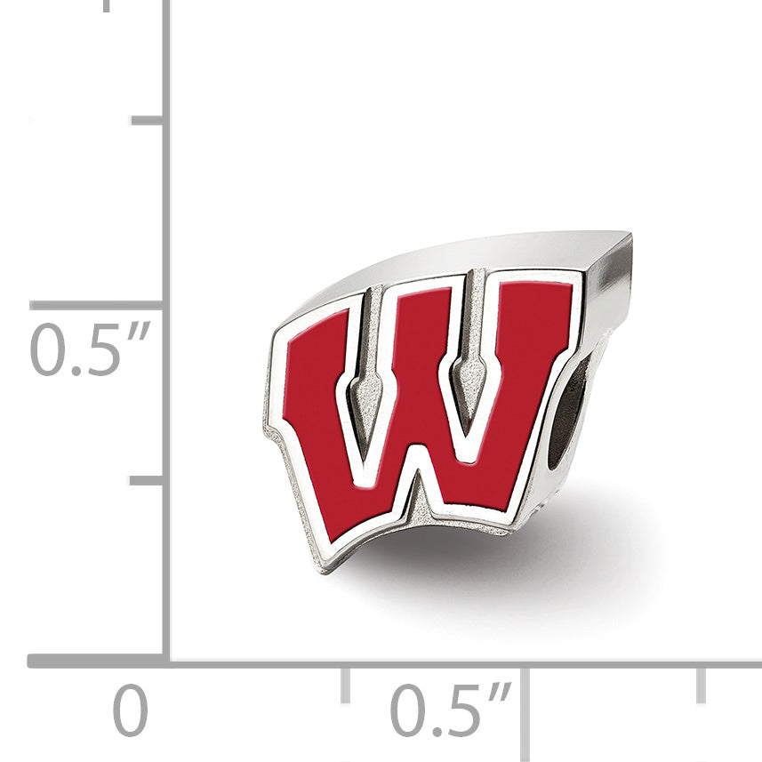 Sterling Silver Rhodium-plated LogoArt University of Wisconsin Letter W Enameled Logo Bead