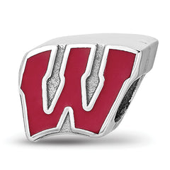 Sterling Silver Rhodium-plated LogoArt University of Wisconsin Letter W Enameled Logo Bead