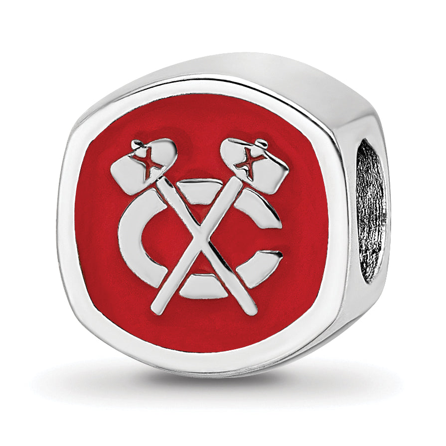 Sterling Silver Rhodium-plated NHL LogoArt Chicago Blackhawks Double Logo Enameled Bead