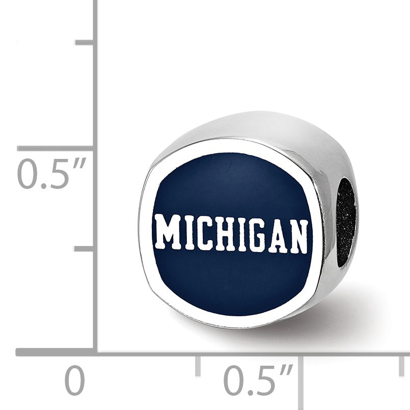 Sterling Silver Rhodium-plated LogoArt University of Michigan Double Logo Blue Enameled Bead