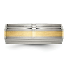 Titanium Brushed Center with 14k Gold Inlay 8mm Ridged Edge Band