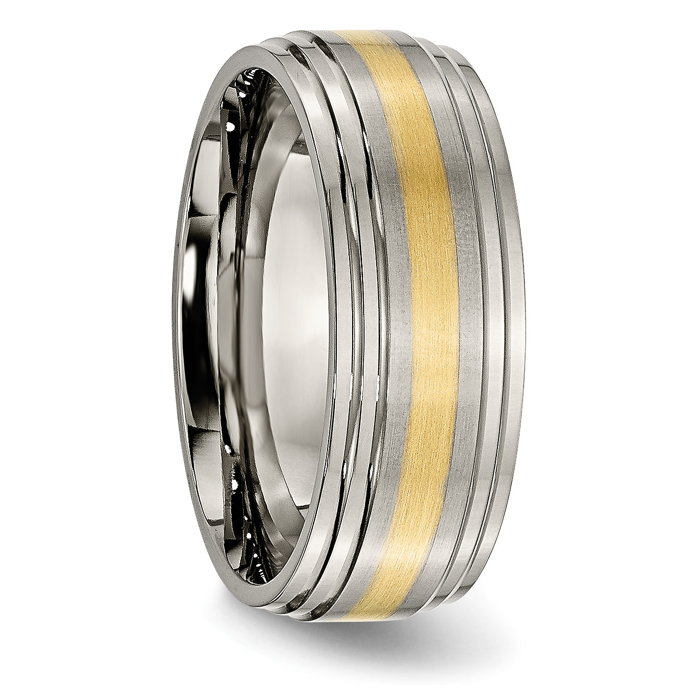 Titanium Brushed Center with 14k Gold Inlay 8mm Ridged Edge Band