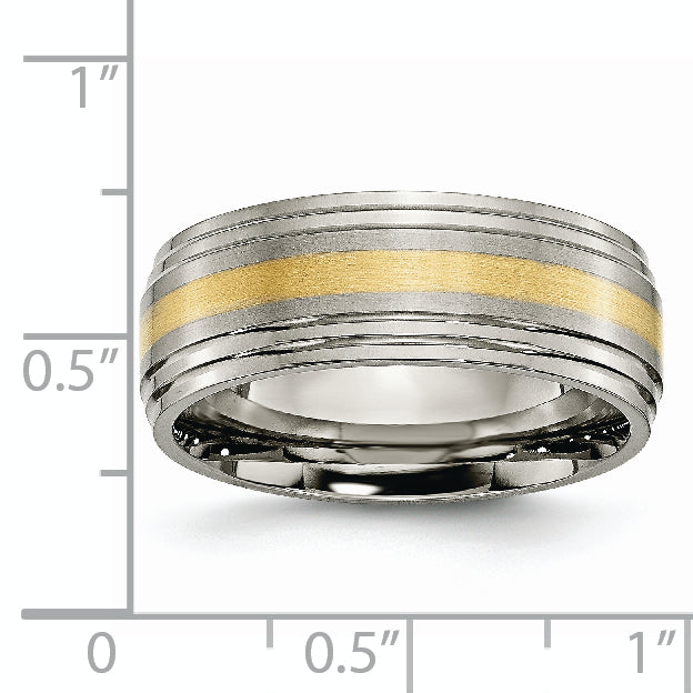 Titanium Brushed Center with 14k Gold Inlay 8mm Ridged Edge Band