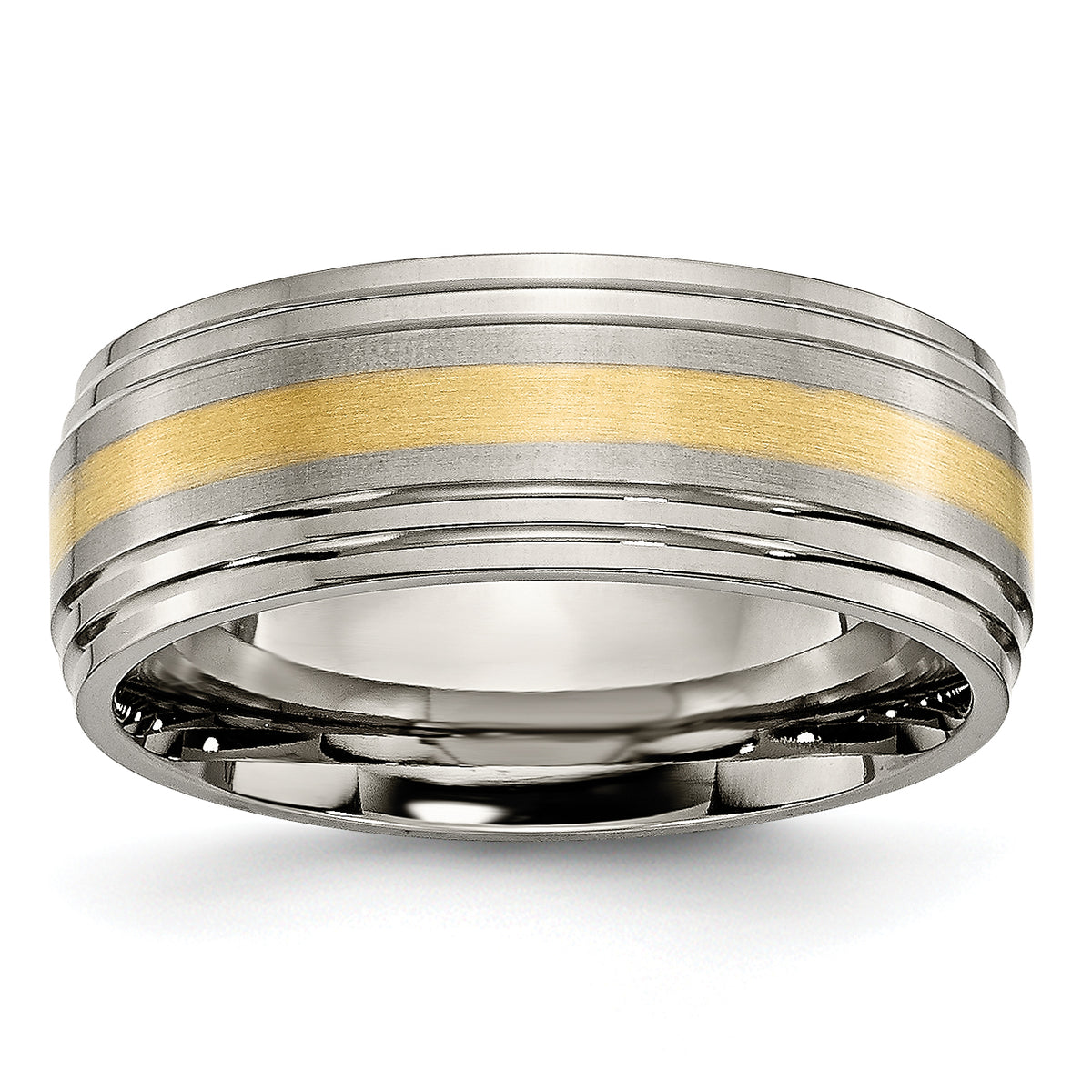 Titanium Brushed Center with 14k Gold Inlay 8mm Ridged Edge Band