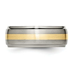 Titanium Brushed Center with 14k Gold Inlay 8mm Ridged Edge Band