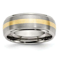 Titanium Brushed Center with 14k Gold Inlay 8mm Ridged Edge Band