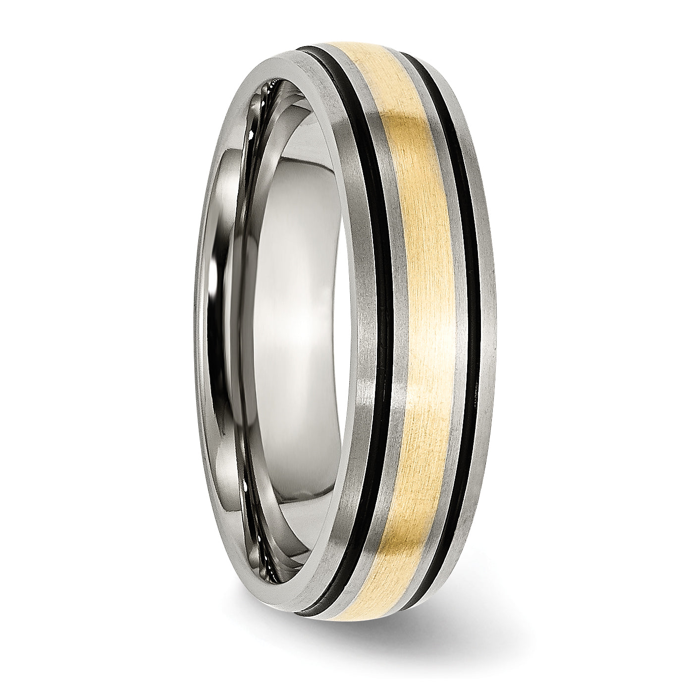 Titanium and 14K Gold Unisex Wedding Band with Grooved Brushed Finish