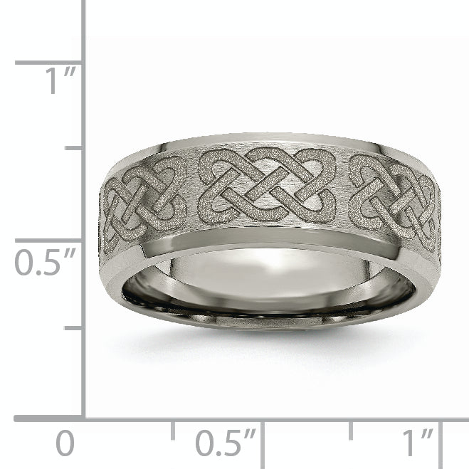 Titanium Brushed and Polished Celtic Laser Design 8mm Beveled Edge Band