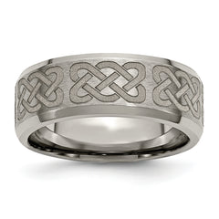 Titanium Brushed and Polished Celtic Laser Design 8mm Beveled Edge Band