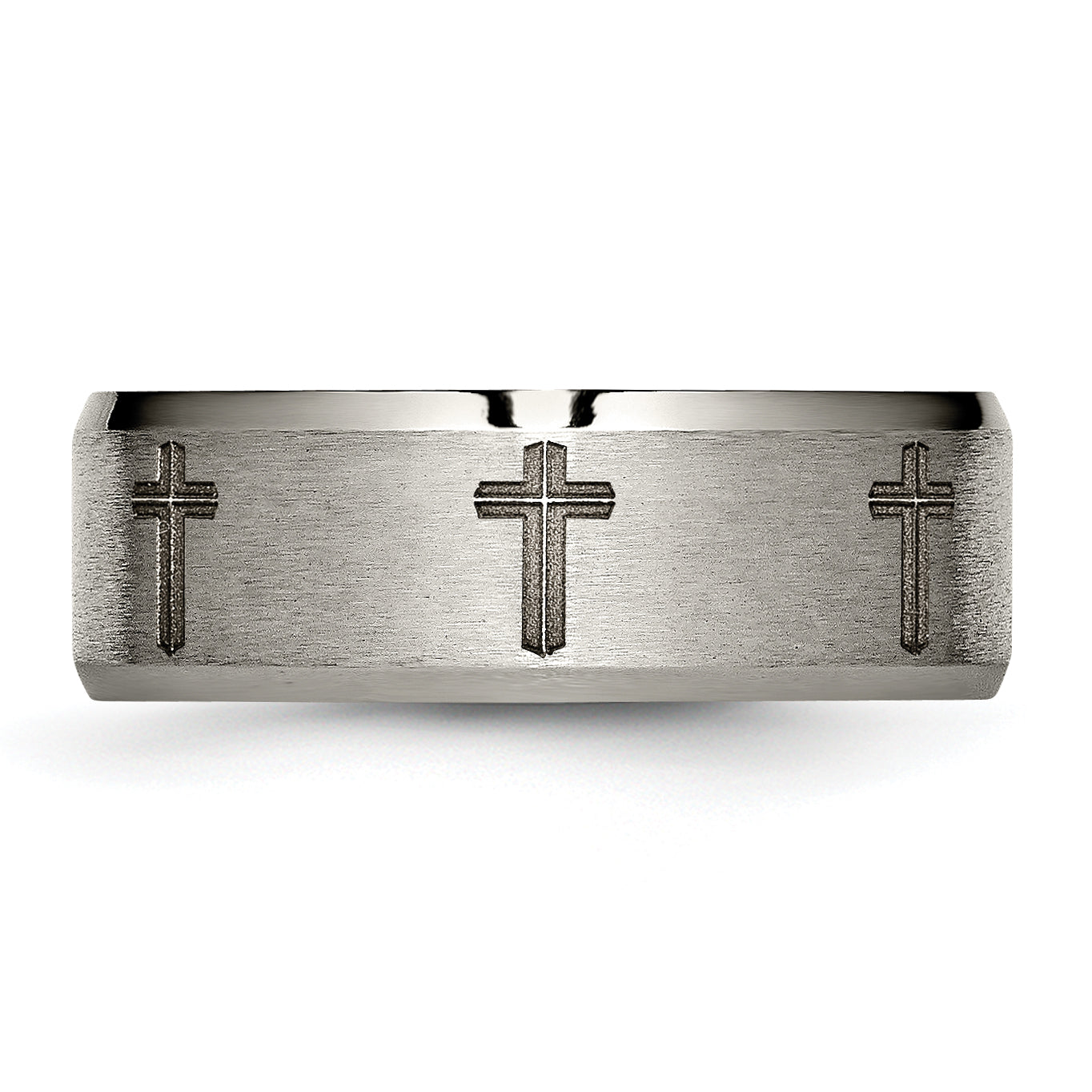 Titanium Brushed and Polished Cross Laser Design 8mm Beveled Edge Band