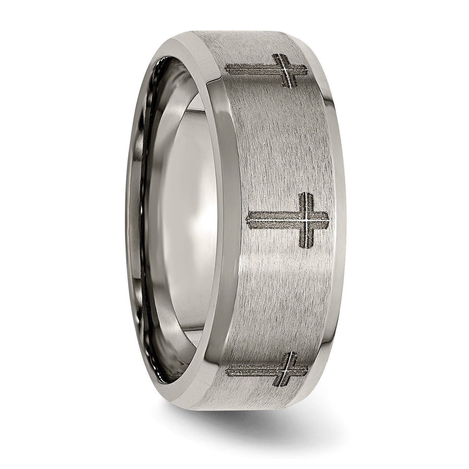 Titanium Brushed and Polished Cross Laser Design 8mm Beveled Edge Band