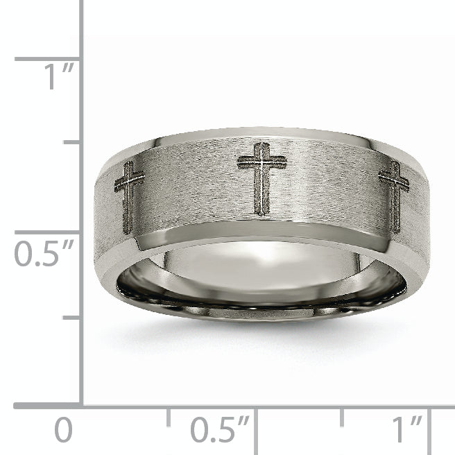 Titanium Brushed and Polished Cross Laser Design 8mm Beveled Edge Band