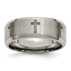 Titanium Brushed and Polished Cross Laser Design 8mm Beveled Edge Band